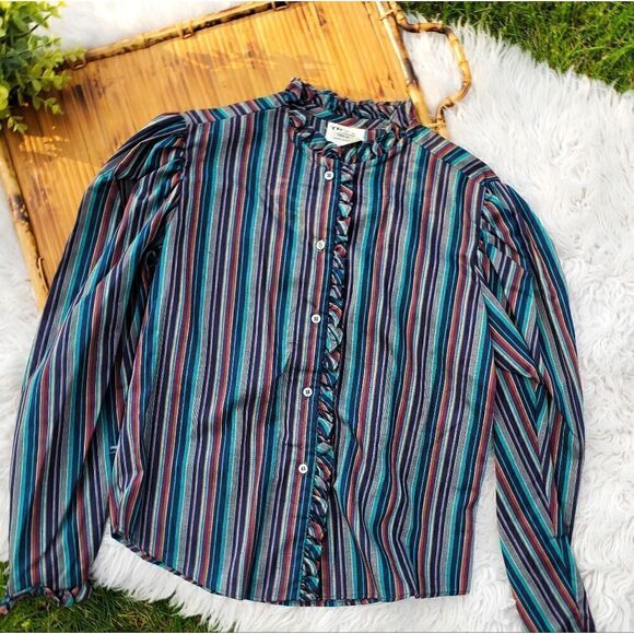 Vtg Ruffle Detail TRY 1 Striped Multicolored Secretary Style Shirt. Sz S Fit - Picture 11 of 12